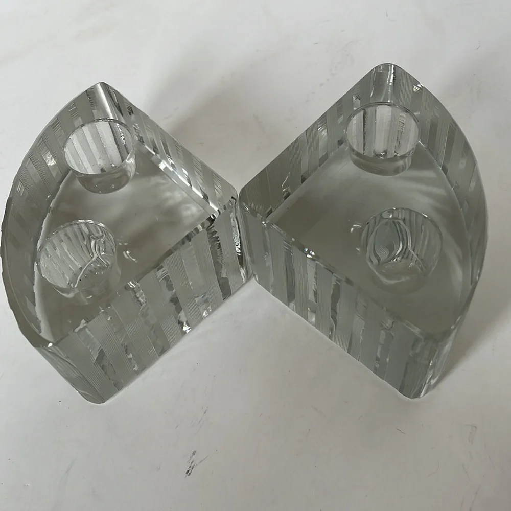 Vintage glass candlestick set holders pie shaped modern